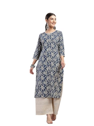 Image of Stylum Women's Blue Floral Printed Cotton Straight Kurta