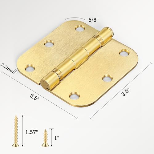 Image of 6 Pack Satin Brushed Brass Door Hinges 3-1 /2 inch x 3.5 Inch 5 /8 inchRadius Integral Ball Bearing Door Hinge No Squeak Enduring Mute Standard Hinges for Interior Doors Bed Room RV Home Decor House Essentials