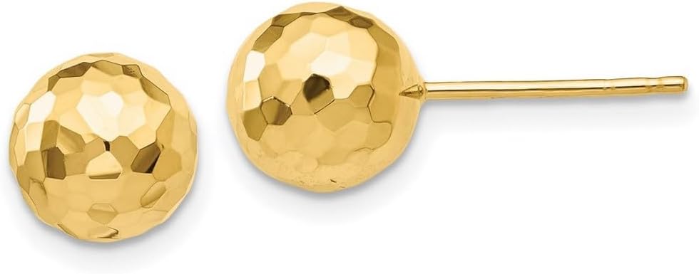 14k Yellow Gold Polished and Sparkle-Cut 8mm Ball Post Earrings 8x8mm Wide Ball Earring for Women