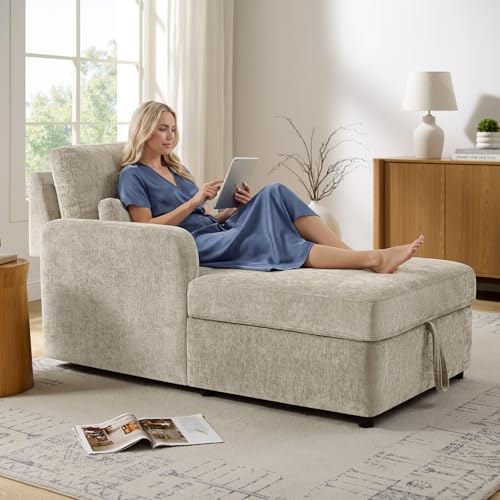 57.9' Oversized Chaise Lounge Chair Indoor, Chenille Reading Chair with Adjustable Backrest & Storage, Upholstered Comfy Sleeper Chair with 2 Pillows, Sofa Bed for Living Room, Bedroom, Camel