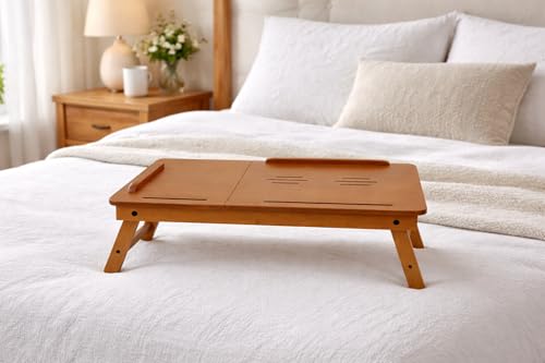 Image of Foldable Wooden Laptop Table for Bed & Sofa | Adjustable Laptop Desk with Tilt Top Cup Slot Drawer | Ergonomic Study Work Table for Home Office Reading Writing Use