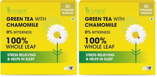 Image of Teabox Chamomile Green Tea 50 Tea Bags | With Egyptian Chamomile Flowers & Whole Leaf Green Tea | Calming Blend for Relaxation & Sleep | Low Caffeine, Fresh & Aromatic (Pack of 2)