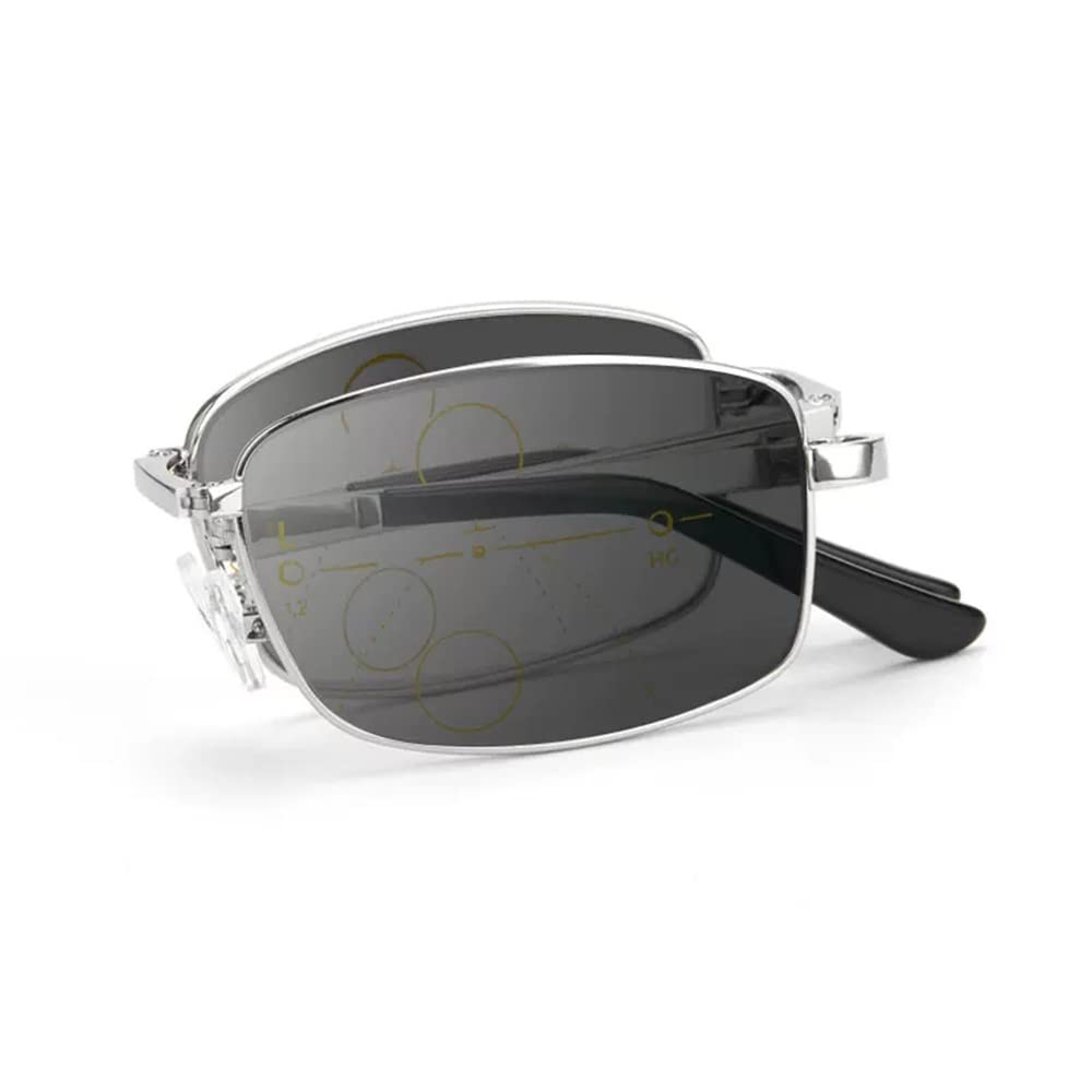 Faltbare Lesebrille Bifokale Gleitsichtbrille Klappbares Design Für Herren Compacte Photochrome Sonnenbrille Blaulichtfilter Mit Pocket Etui (Color : Silver, Size : +2.50)