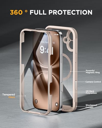 Image of Miracase Magnetic for iPhone 16 Plus Case Full-Body Phone with Built-in Glass Screen Protector, [Compatible with MagSafe] Military Drop Proof 16 Plus Cover Bumper, Desert