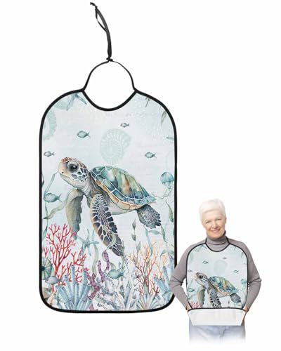 LEOKOTI Sea Turtle Adult Bibs for Eating, Waterproof Bibs with Food Catcher & Snap Closure, Blue Summer Beach Coastal Coral Ocean Nautical Washable Clothing Protectors Adult Bibs for Elderly
