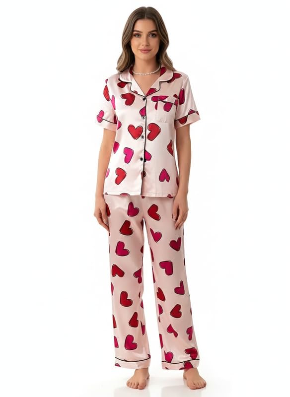 Image of Night Suit for Women with Full Sleeve Button-Down Top with Pant Dress for Woman, Cotton Night Dress for Woman, Two-Piece Loungewear Set