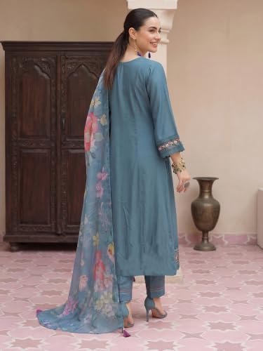 Image of INDO ERA Women's Silk Blend Embroidered Zari Work Straight Kurta & Pant Set | Cord Set For Women