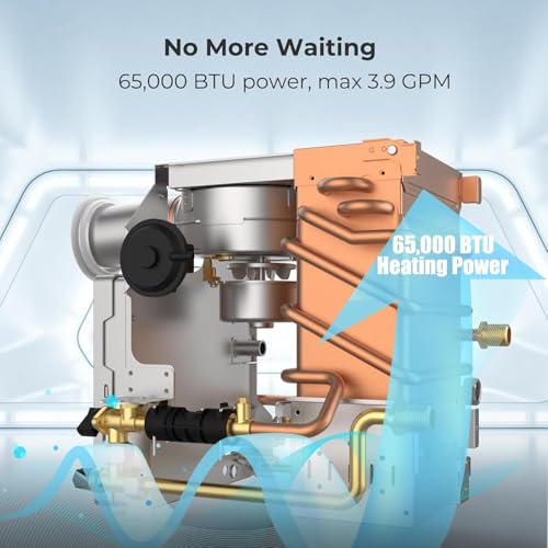 Image of CAMPLUX RV Tankless Water Heater, 65,000 BTU Hot Water Heater with Mixing Tank, 2.64GPM RV Water Heater with Door and Remote Controller, High Altitude Performance, Ideal for RVers' Everyday Use, White
