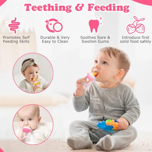 Image of WAJIAYON Baby Fruit Feeder Pacifier | 2 Infant Food Feeder Pacifier & 1 Baby Food Dispensing Spoon | Mesh Fresh Fruit Teethers for Babies Teething Feeders | Shower Gifts for Boys and Girls (Pink)