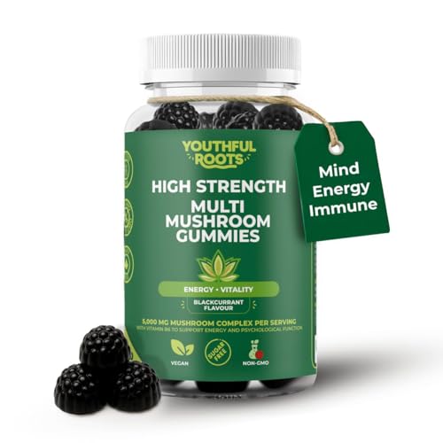 Youthful Roots 6-in-1 Multi Mushroom Gummies with Vitamin B6 - Focus, Energy & Vitality - Vegan & Sugar-Free - 60 Gummies - for Kids and Adults