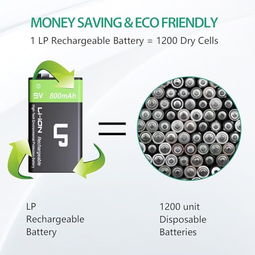LP Rechargeable 9V Lithium Batteries - 800mAh Long Lasting LI-ion Batteries with Micro USB Charging Station - 4-Pack 9 Volt Batteries