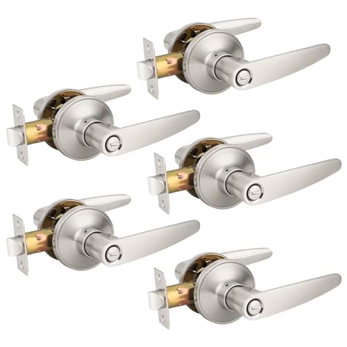 Image of Probrico (5 Pack Privacy Door Lever Door Handle for Bedroom or Bathroom Keyless Leverset, Locked in Side Home /Office Door Lockset,Modern&Durable in Satin Nickel Door Hardware