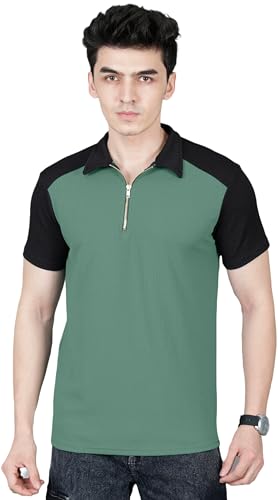 Image of London Hills Men's Loose Fit Half Sleeve Color Block Polo T-Shirt with Zip Collar | Premium Polyester Fabric | T Shirt for Man | Tshirt | Shirts Men | Tshirt for Man | Men T-Shirts