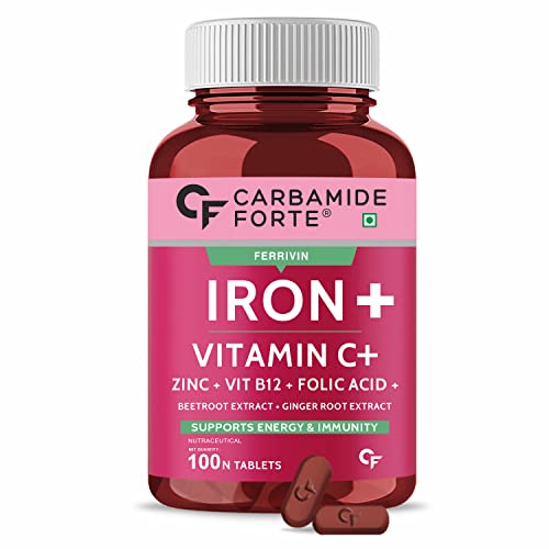 Image of Carbamide Forte Iron + Vitamin C + Folic Acid Supplement | Fast Acting - Pack of 100 Tablets & Carbamide Forte Plant Based Multivitamin Tablets (60 Veg Tablets)