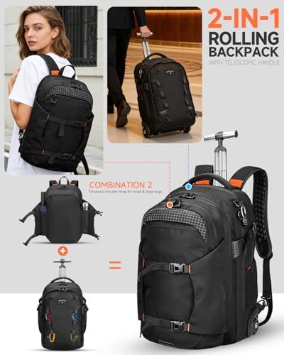 Rolling Backpack, 56L Large Backpacks with Wheels-Splits into Daypack & Laptop Backpack Fits 17 Inch Laptop,Water-Resistant & Carry-On Friendly for College,travel,camping,Weekender Hiking Black - Image 3