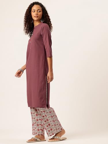 Image of feranoid Women's Plain Cotton Kurta with Mandarin Collar, 3 /4 Sleeves & Pocket