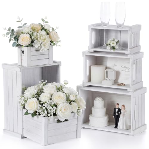 AceOrbit 6 Pcs Decorative Wood Crates for Storage Display 6 Size Rustic Nesting Crates with Handle Farmhouse Wooden Container Boxes for Wedding Bride Shower Party Market Farmers Decor(Vinage White)