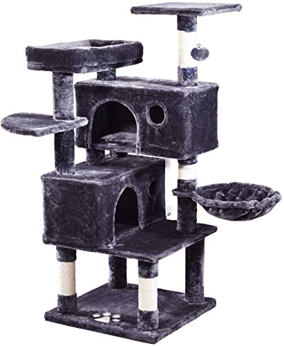 JISSBON Multi-Level Cat Tree Condo with Climbing Shelf, Activity Centre Cat Tower Furniture with Sisal-Covered Scratching Posts, 2 Plush Perches, 2 Cat Caves & Basket, for Kittens, Adult Cats, Grey