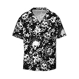 HTTUP Camisa hawaiana blanca con estampado de calavera punk para hombre, manga corta, cuello cubano, ligera, NEGRO, L