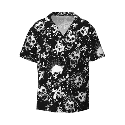 HTTUP Camisa hawaiana blanca con estampado de calavera punk para hombre, manga corta, cuello cubano, ligera, NEGRO, L