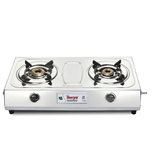 Image of Golden Surya 2 Burner LPG Gas Stove with High Efficiency Burners, Stainless Steel Body, Heavy MS Pan Support, Manual Ignition, ISI Certified (large)