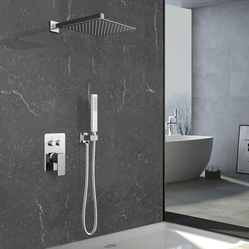 Iriber Chrome Shower System Wall Mount with 12 Inch Rain Shower Head and Handheld Bathroom Shower Set Contain Shower Faucet Mixer Valve Trim Kit (Valve Included)