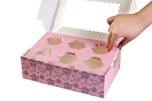 Image of mudrit Cupcake Boxes with Insert Trays (Pack of 10), Cupcake Carrier, Food Grade Bakery Boxes with Windows to fit 6 Cupcakes, Muffins or Pastries (Pink)