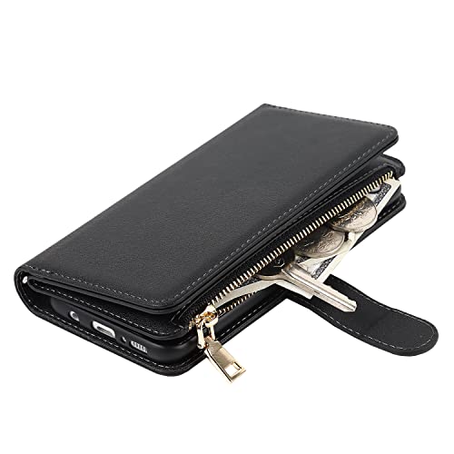 Hamany Samsung Galaxy S8 Zipper Wallet Case - Case With 6 Card Holder - [Lanyard + Kickstand] For Women And Men - Galaxy S8 Flip Cell Phone Case - Faux Leather - Folio Cover - Black #TOP4