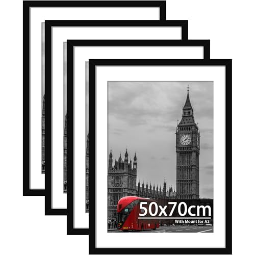 Tinkeps 4 Pack 50x70cm Black Frame, Engineered Wood and Plexiglass, Picture Frames 50cmx70cm with Mount for A2 Prints, Photos, and Posters, Wall Mountable, Poster Frames 50 x 70cm
