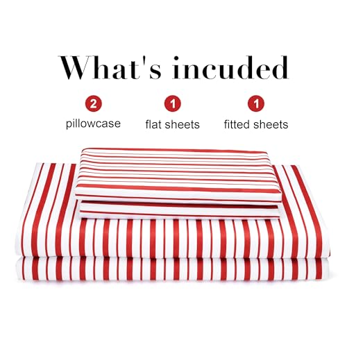 Image of Burgundy Red Striped Sheets Set Queen Size 4 Piece - Super Soft, Easy Care & Breathable Red and White Pinstripe Bed Sheet Set with 16-Inch Deep Pockets, Great Gift for Christmas & Birthday