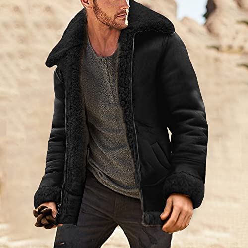 Men's Suede Fleece Lined Jackets Full Zipper Winter Thicken Warm Sherpa Jacket Casual Slim Fit Vintage Motorcycle Lapel Coat #TOP1