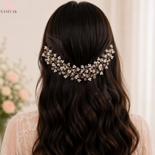 Image of Samyak Crystal Pearl Hair Tiara Vine Hair Headband Headdress Hair Jewellery For Women | Hair Pin | Bun | Hair Accessory For Bridal Wedding Bridesmaid, Pink, Pack of 1