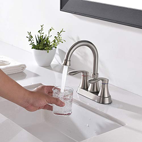Friho Lead-Free Modern Commercial Two Handle Brushed Nickel Bathroom Faucet,Bathroom Vanity Sink Faucets with Drain Stopper and Water Hoses
