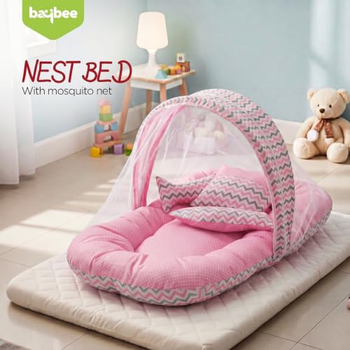 Image of BAYBEE Baby Bedding Set for New Born Baby, Bed Mattress with Mosquito Net & Neck Pillow, Sleeping Nest Travel, Infant Toddler Bed Set Gifts for Baby Boy Girl 0-6 Months (Pink)