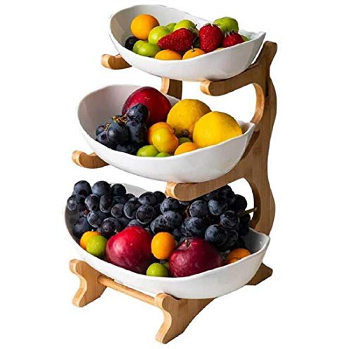 WYFFF Obstkorb Früchtekorb, 3-Stufige Obstschale (Regal Aus Bambus Und Holz * 1, Keramikschale * 3), Creative Arbeitsplatte Keramik Obst Etagere, Tischdekoration Obstkorb, Für Obst,Brot, Snacks,Weiß Cover