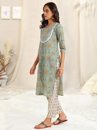 Image of MIRCHI FASHION Pure Cotton Women Straight Print & Thread Embroidery Kurti Set with Dupatta & Pant