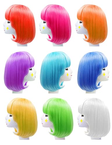 9 Stück Kurzhaar Bob Perücken Set für Erwachsene Mehrfarbige Bob Perücke mit Pony Damen Herren Perücken für Karneval Fasching Cosplay Halloween Mottoparty & Festival
