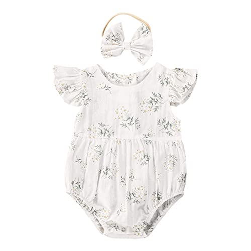 Image of Toddler Infant Newborn Baby Girl Sleeveless Ruffle Romper + Headband Outfits Floral Jumpsuit Summer Overall Onesies