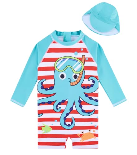 Image of uideazone Little Boys Long Sleeve One Piece Swimsuit Rash Guard with Sun Hat UPF 50+ Sun Protection 3-24 Months