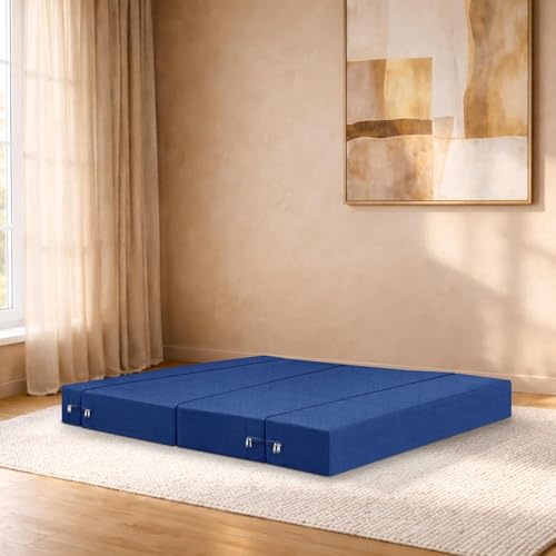 Image of 4x6-Feet 2-Seater Sofa Cum Bed Foldable Sofa Cum Bed Washable & Zipper |Jute Finish Fabric - Blue-Color