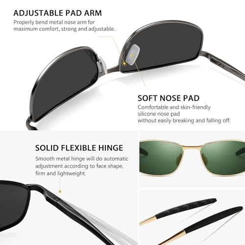 Image of SUNGAIT Mens Narrow Polarized Sunglasses Metal Frame Small Rectangle Retro Durable UV400 Protection