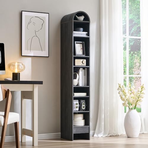 Image of IFBUY 67 inch Tall Arched Bathroom Storage Cabinet, 8-Tier Modern Farmhouse Storage Cabinet with Adjustable Shelves, Wood Freestanding Cabinet for Bathroom, Living Room, Entryway, Hallway (Dark Grey)