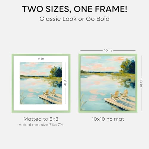 Image of Homeforia 10x10 Green Picture Frame, High-End Metal, 8x8 Mat, Glass | High End Aluminum, Tempered Glass, Acid-Free 8x8 Removable Mat, 10x10 in Edge-to-Edge Display 10x10, Wall Kit, Set Of 1