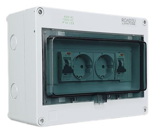 RoadEu - 2x Schuko Steckdose mit Fi Schutzschalter im Sicherungskasten Aufputz IP65. Wasserfest Wandverteiler Komplett - 16 Ampere Steckdosen 230V und FI 16A C typ A