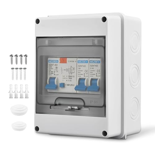 KUWUNG Coffret Electrique avec Disjoncteurs, Coffret Electrique Etanche IP65 avec Protecteur de Fuite AC 32A, Tableaux à Disjoncteurs 5 Voies, Boîte à Fusibles en Saillie, Boitier Electrique