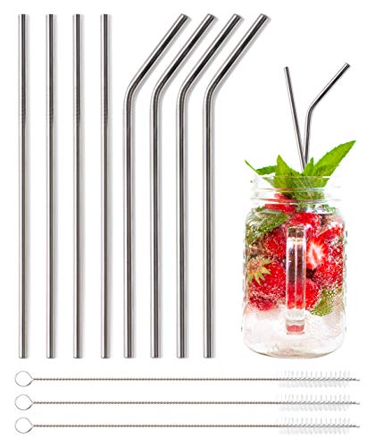 Edelstahl Strohhalme 8 Wiederverwendbare Trinkhalme 3 Reinigungsbürsten Metalltrinkhalme Länge 21,5cm Farbe Silber