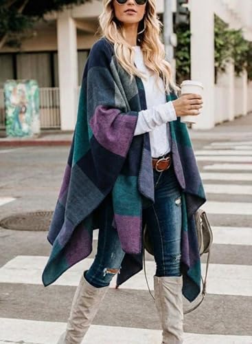 Image of Bestshe Women's Boho Open Front Poncho Plaid Shawl Wrap Cape | Tassel Cardigan Sweater, Cozy Layering, Fall Winter Clothes for Women