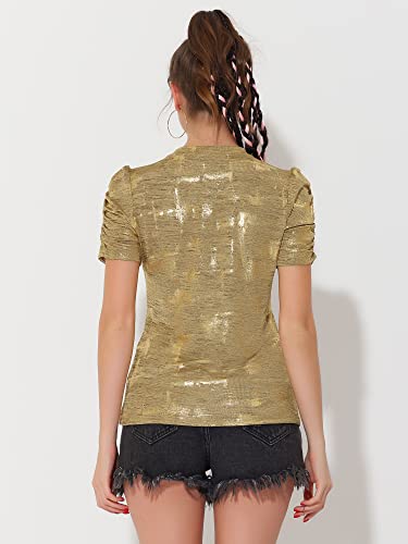 Allegra K Women's Metallic Glitter Top Christmas Round Neck Puff Sleeve Stretch Shiny Sparkly Tops4
