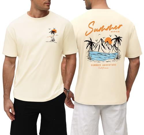 Lonya Tee Shirt Homme Oversize Ete Coton Col Rond T-Shirts à Manches Courtes Décontracté avec Imprimé Au Verso Cocotier Vague Marine T Shirt Vintage...