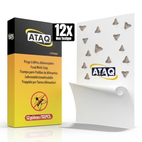 ATAQ Pack of 12 Food Moth Traps – Pheromone Adhesive Moth Trap with Glue Against Moth Infestation in Kitchen, Protects Food, Odourless Non-Toxic